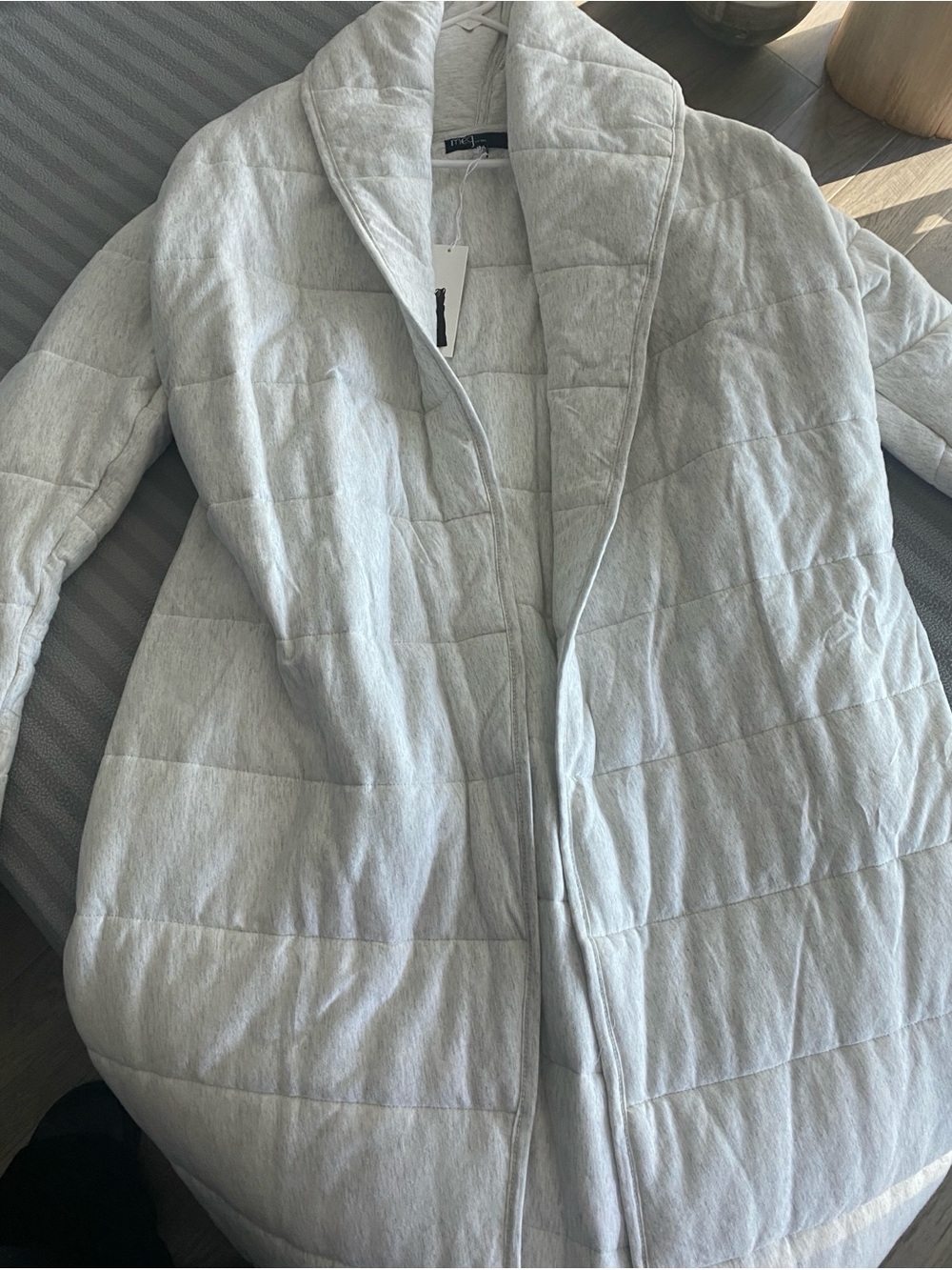 Meg Quilted Long Trench Coat in Light Gray